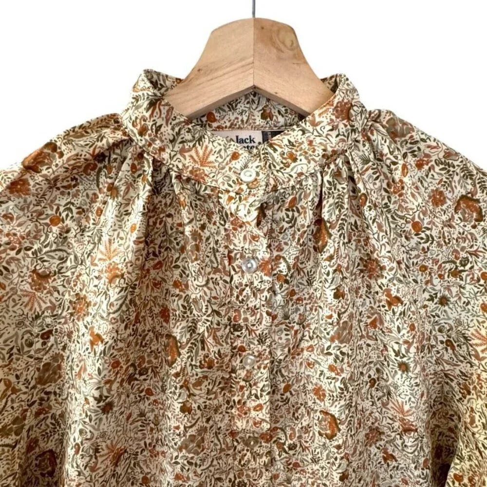 70s Vintage Winter Jack Tan Green Ditsy Floral Ballon Sleeve Pop Over Blouse